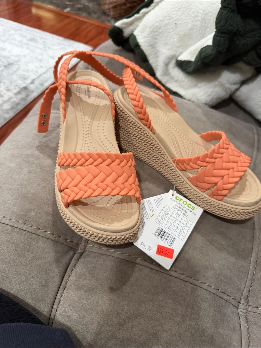 CROCS WOMENS BROOKLYN WOVEN ANKLE STRAP WEDGE Size 6 NWT coral